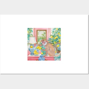 Preppy monkey and lemon tree in chinoiserie interior Posters and Art